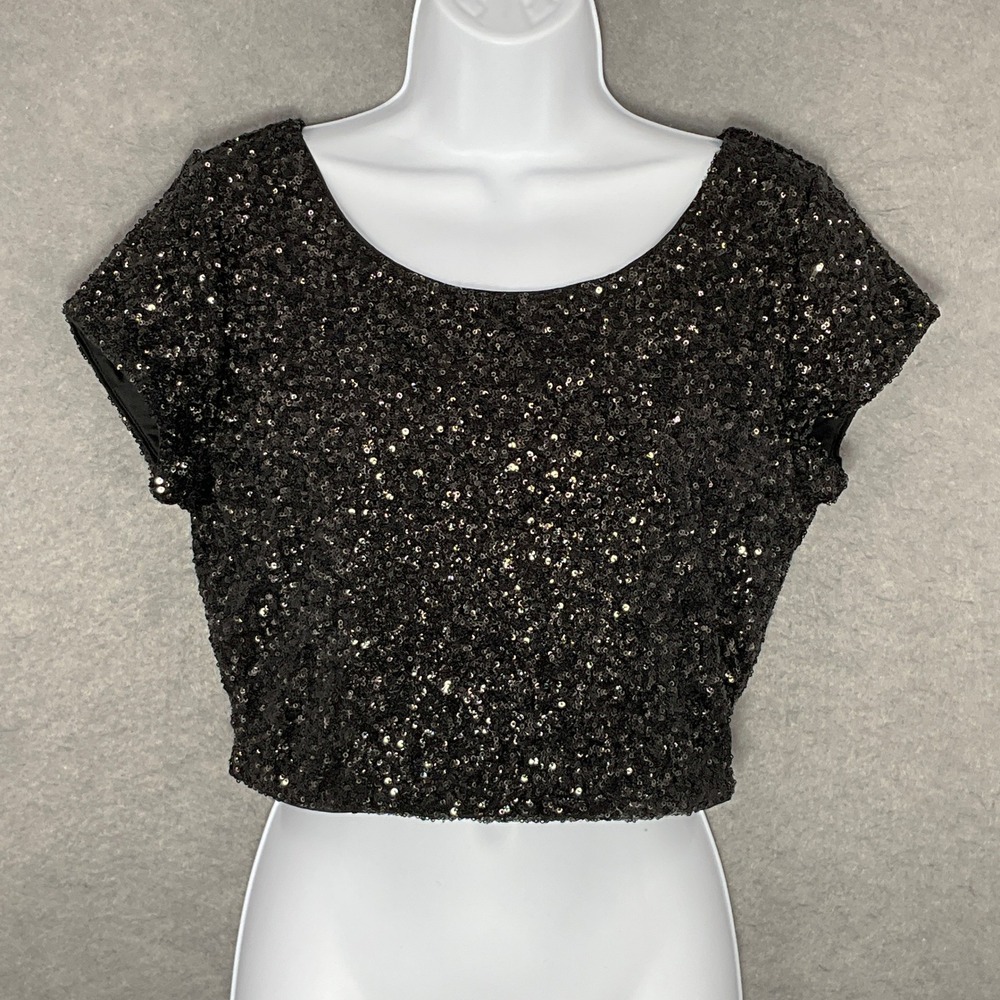 Express Sequin Top Party Sparkly Crop Short Sleeve Blouse Black Size M
